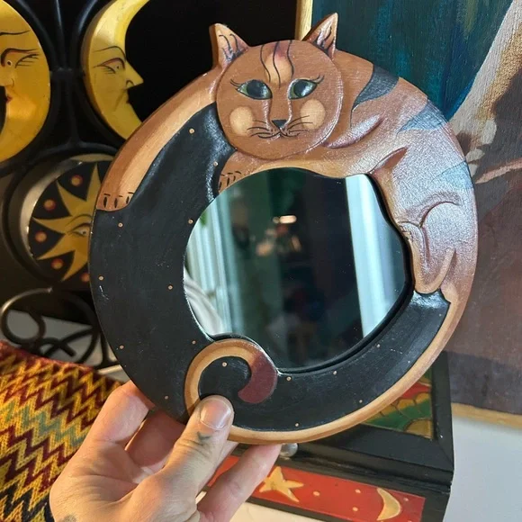 Handcrafted 8" Cat Design Decorative Wall Mirror Indonesia - Picture 14 of 14